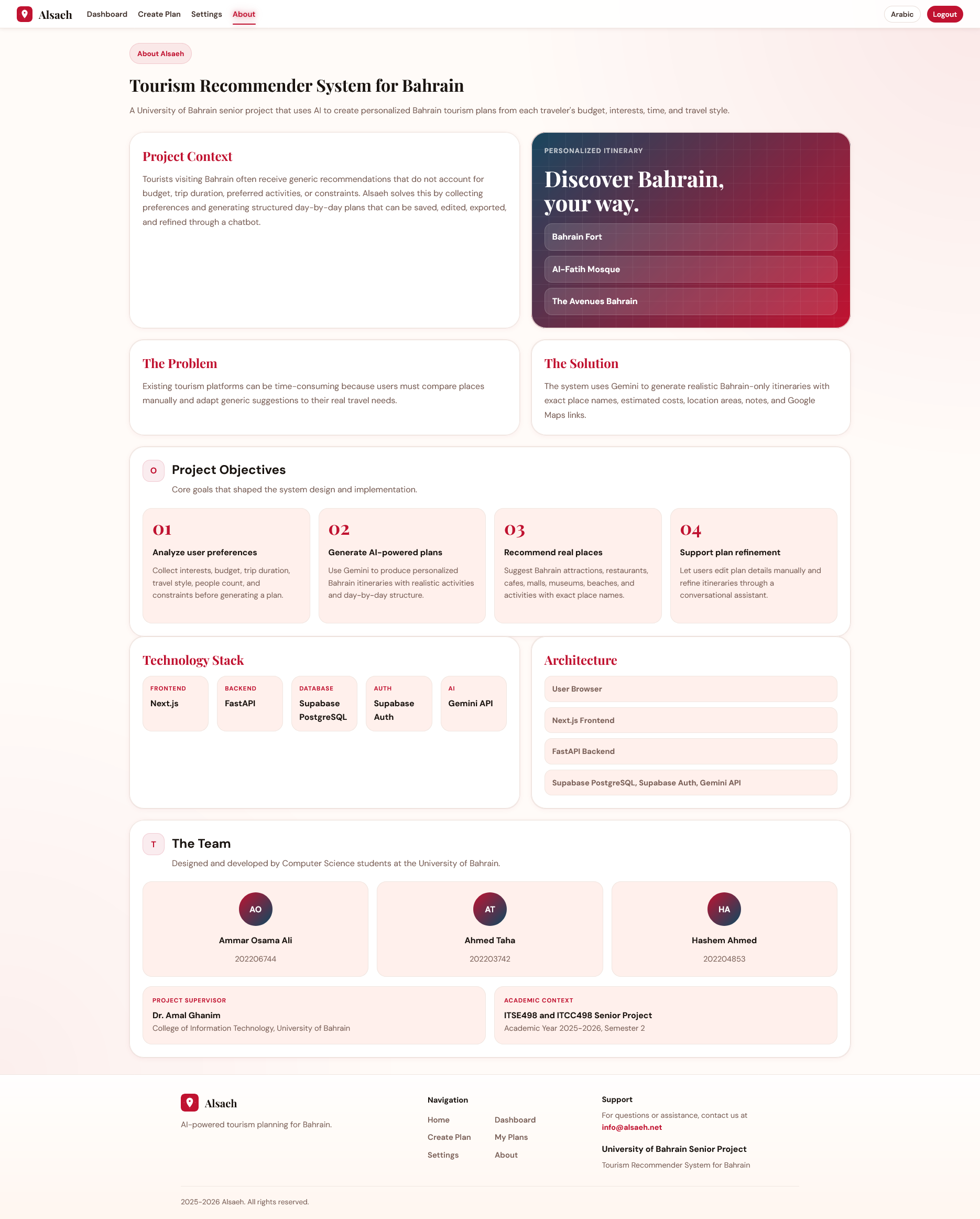 About page with project objectives, technology, and team information