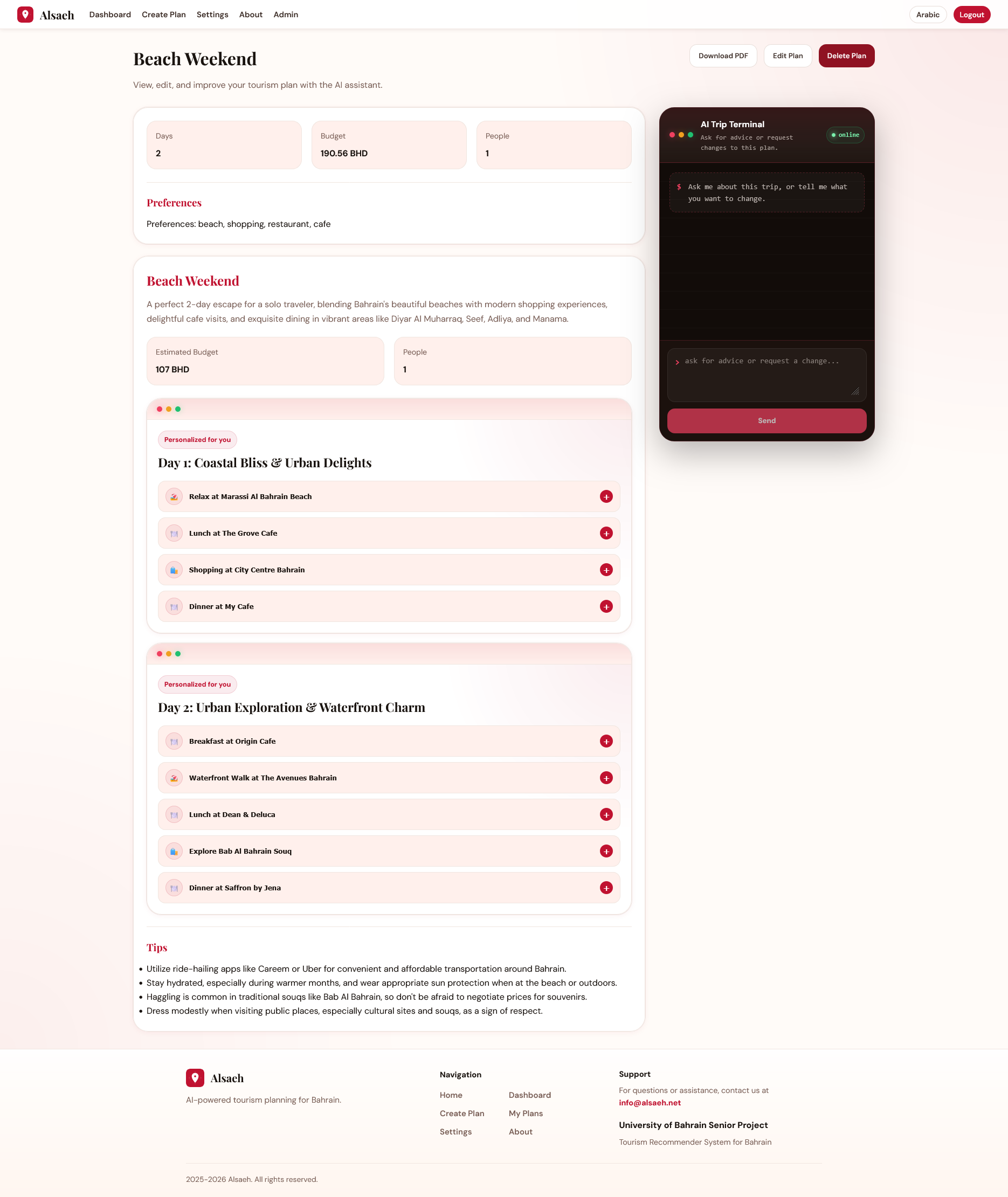 Generated itinerary view with activities and editing options